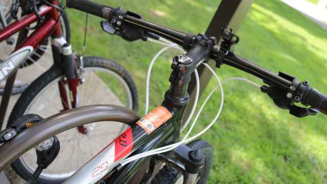 A bicycle with a permit sticker from the police.