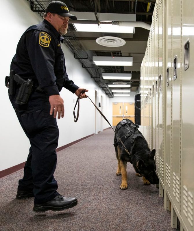 Officer Reece leads K9 Zuka while searching lockers