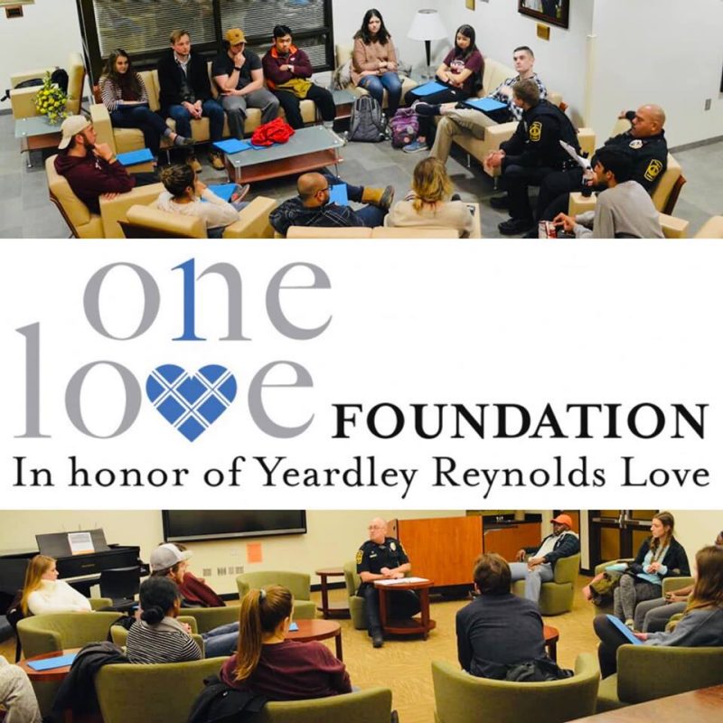 One Love Foundation logo with two ongoing group discussions